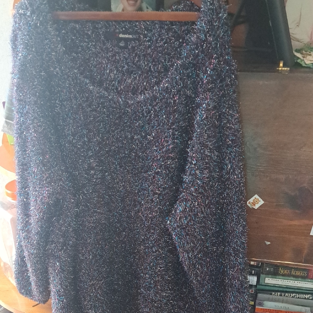 Denim&Co Blue and Purple Crew Neck Sweater with Textured Design